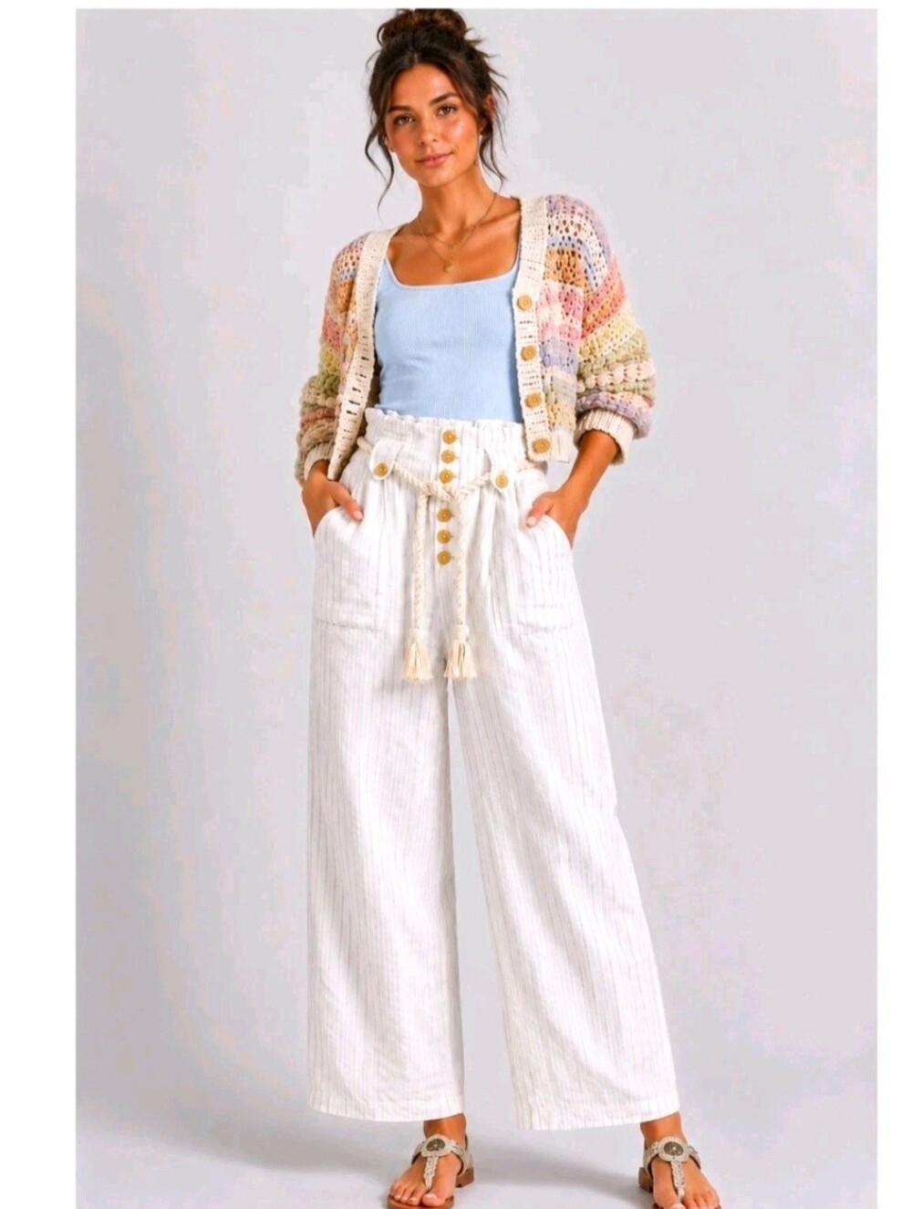 Maeve Anthropologie Linen Blend Paperbag Wide Leg Pants Rope Belt Striped Sz 12